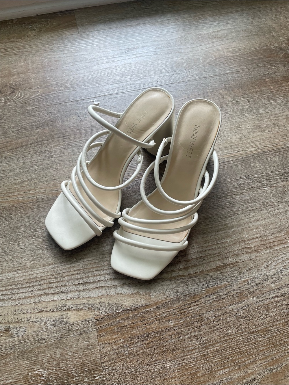 Nine West White Multi-Strap Square-Toe Heeled Sandals